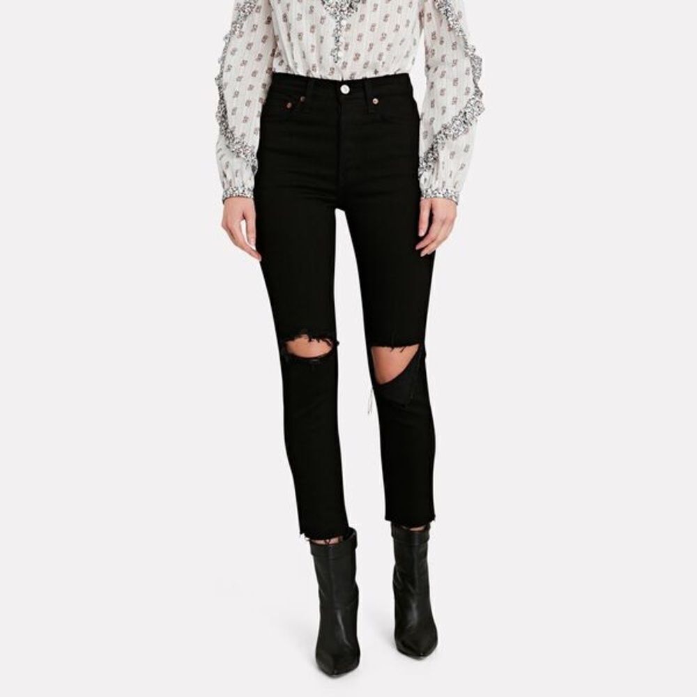 Re/Done Jeans Womens 30 90s High-Rise Black Denim Ankle Crop Frayed Raw Edge Hem
